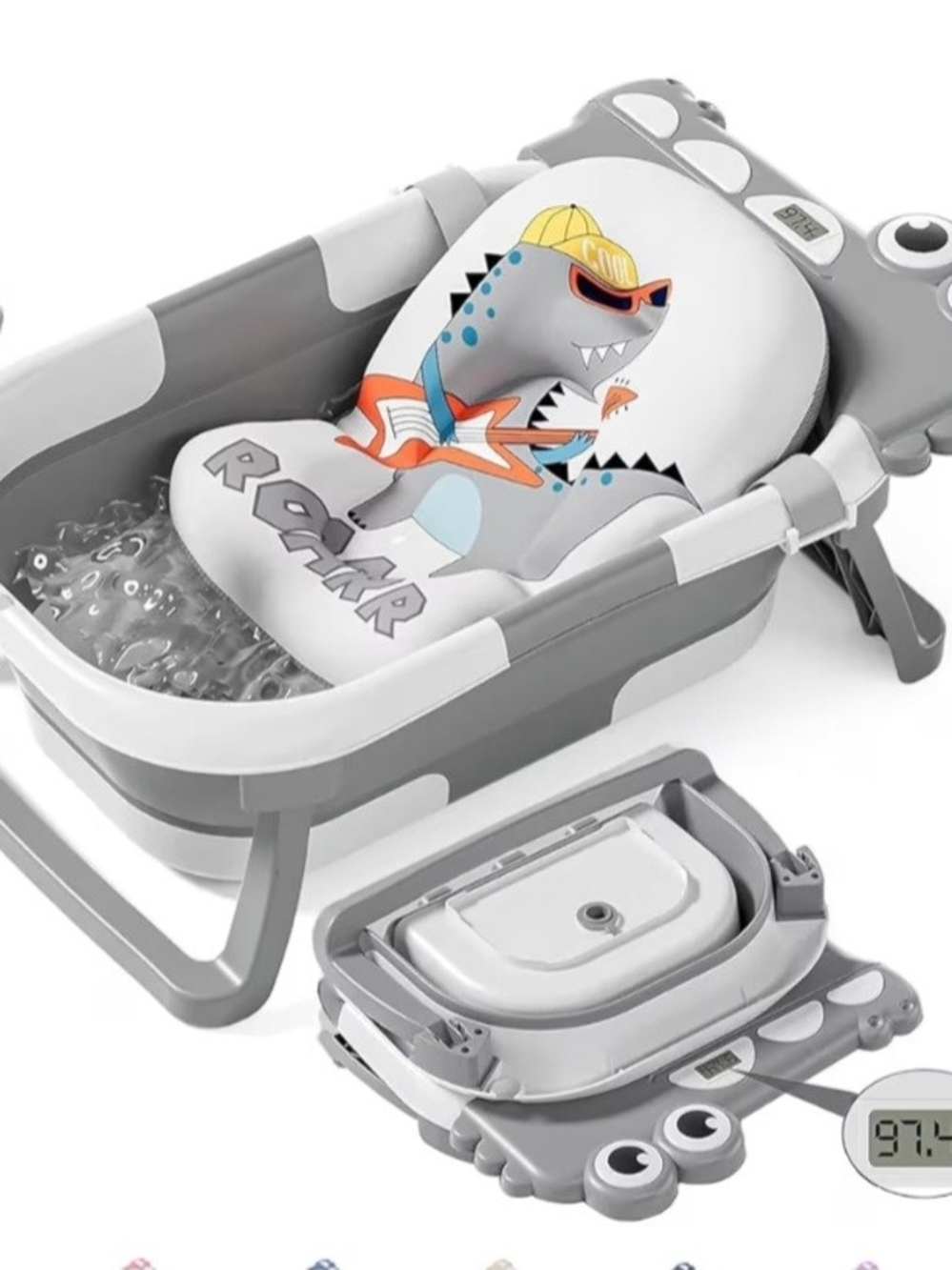 Gray Shark Print Folding Baby Bath Tub with Cushion